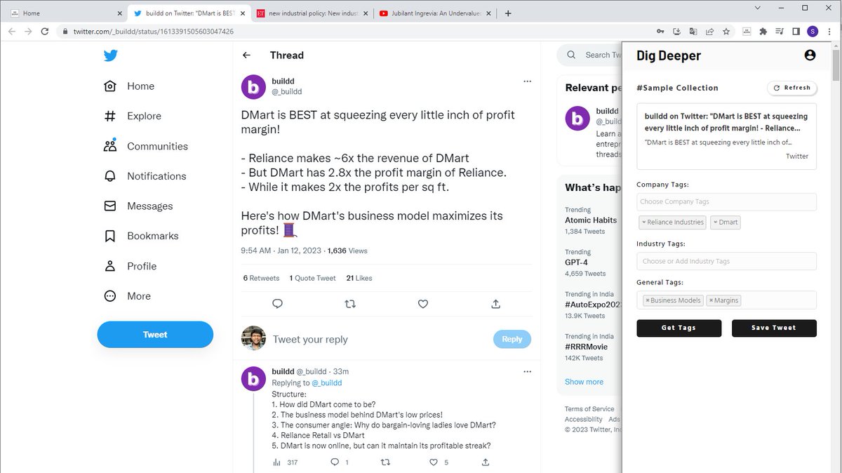 Shankar_19's tweet image. hi friends👋

Testing Dig Deeper chrome extension again (sorry for the delay)

Soon you will be able to add Tweets, articles and YouTube videos directly to your collection from the chrome browser

Will be releasing it on Jan 15

digdeeper.one

@bubble + #ChromeExtension