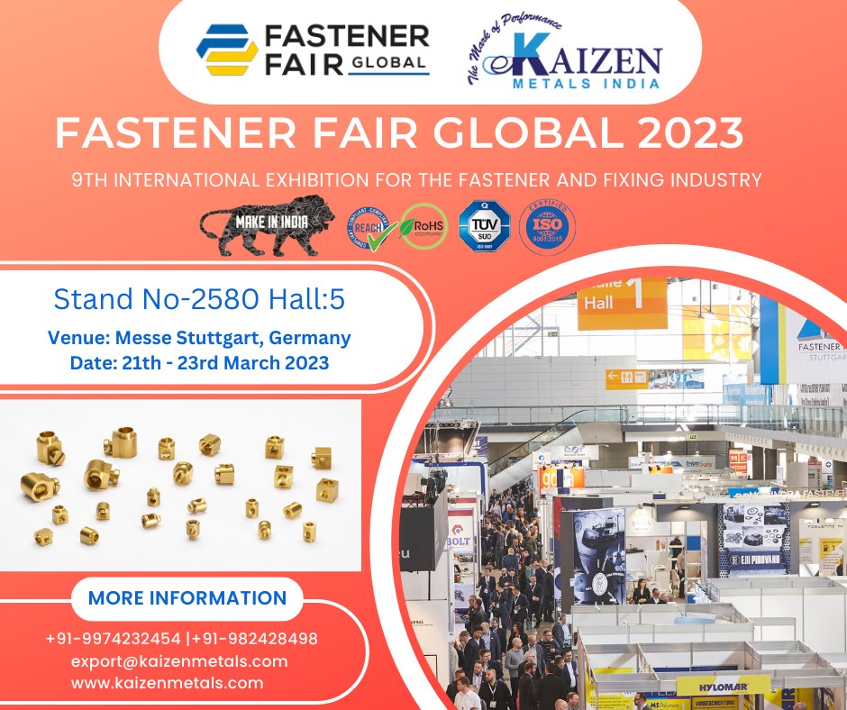 kaizenmetals1's tweet photo. #fastenerfairglobal
9th International Exhibition for the Fastener and Fixing Industry
Join Us Stand No-2580 Hall:5
Date: 21th - 23rd March 2023
#Venue: Messe Stuttgart, Germany
#Email: export@kaizenmetals.com
#Callus: +91-9974232454 | 9824284984
#FastenerFairGermany https://t.co/JMree63pnl