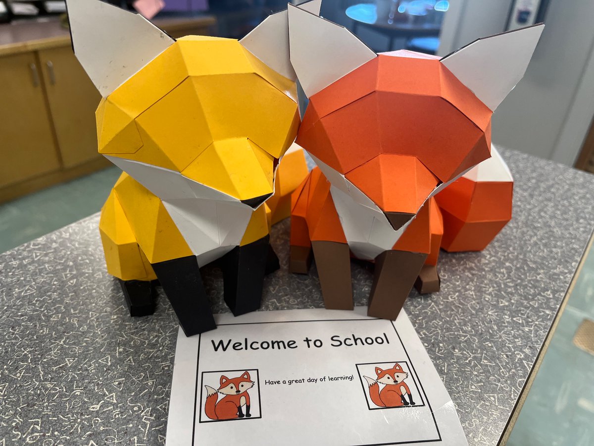 RosemontCBE's tweet photo. Among Mr. Imata’s many talents is building these beautiful fox paper sculptures. They welcome students to school each day!  #wearecbe #wearefoxes https://t.co/jyBGyo0sbR
