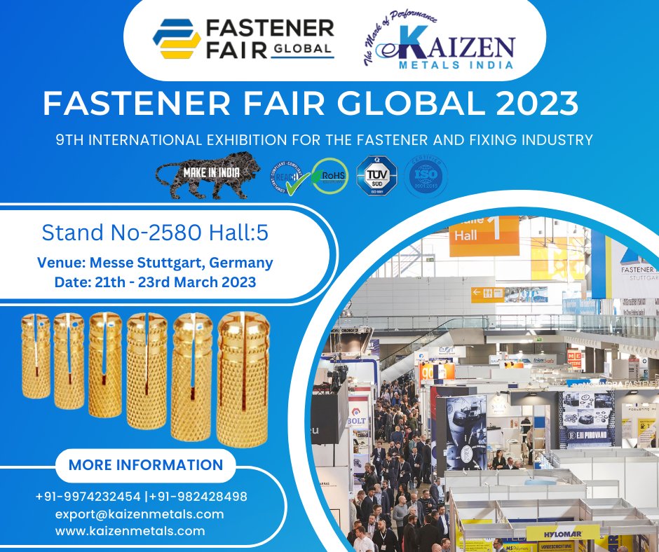 kaizenmetals1's tweet photo. #fastenerfairglobal
9th International Exhibition for the Fastener and Fixing Industry
Join Us Stand No-2580 Hall:5
Date: 21th - 23rd March 2023
#Venue: Messe Stuttgart, Germany
#Email: export@kaizenmetals.com
#Callus: +91-9974232454 | 9824284984
#FastenerFairGermany https://t.co/y7MSP7BLhE