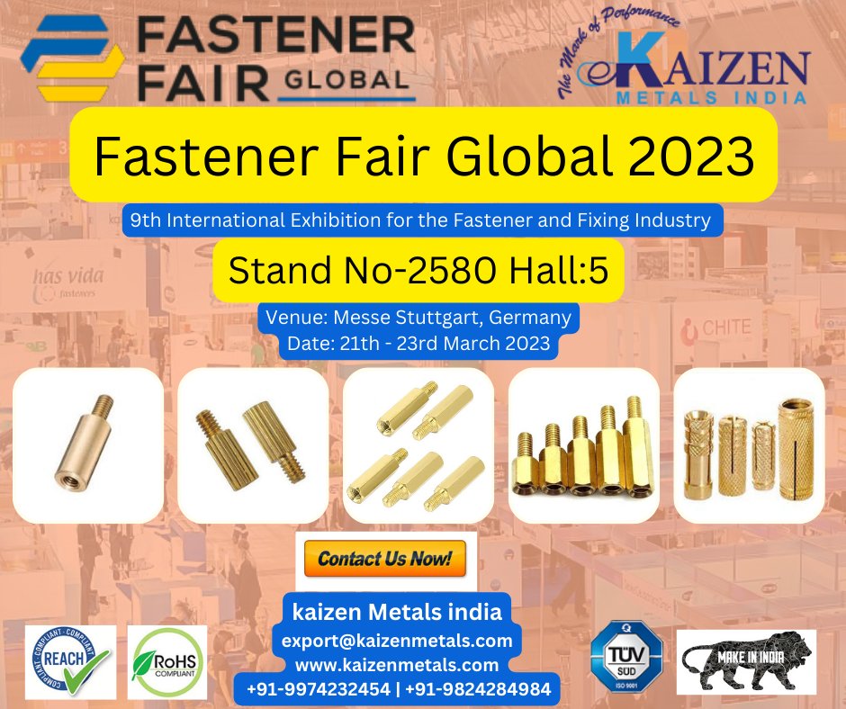 kaizenmetals1's tweet photo. #fastenerfairglobal
9th International Exhibition for the Fastener and Fixing Industry
Join Us Stand No-2580 Hall:5
Date: 21th - 23rd March 2023
#Venue: Messe Stuttgart, Germany
#Email: export@kaizenmetals.com
#Callus: +91-9974232454 | 9824284984
#FastenerFairGermany https://t.co/zckpTjcHc3