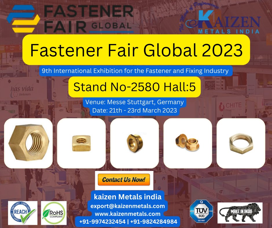 kaizenmetals1's tweet photo. #fastenerfairglobal
9th International Exhibition for the Fastener and Fixing Industry
Join Us Stand No-2580 Hall:5
Date: 21th - 23rd March 2023
#Venue: Messe Stuttgart, Germany
#Email: export@kaizenmetals.com
#Callus: +91-9974232454 | 9824284984
#FastenerFairGermany https://t.co/eAloUJYofW