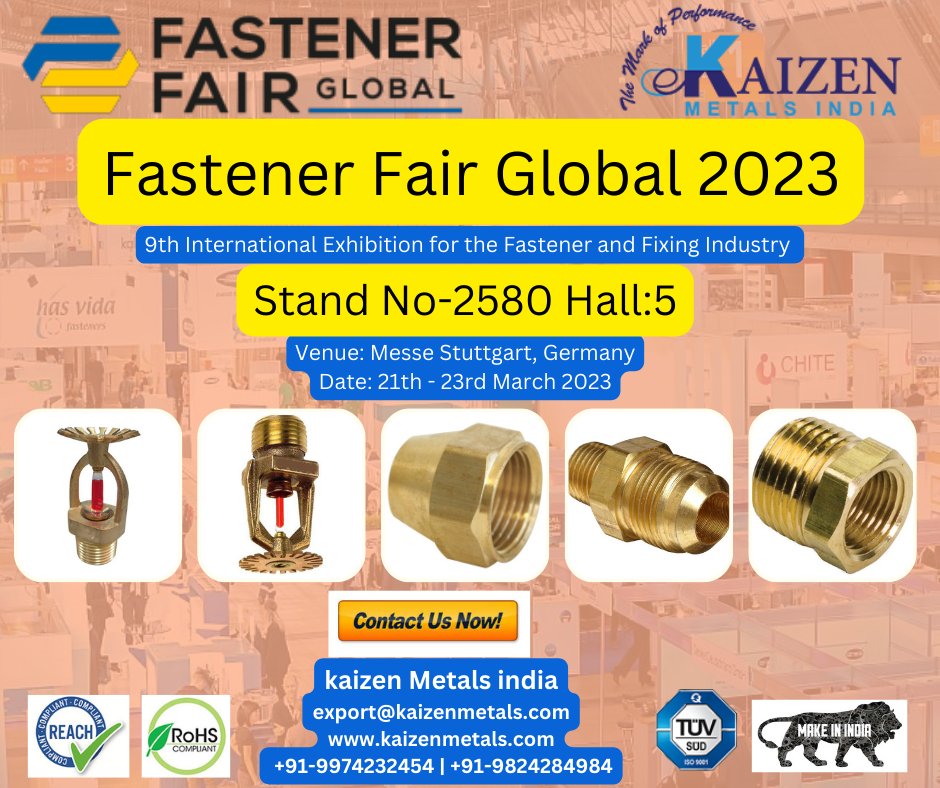 kaizenmetals1's tweet photo. #fastenerfairglobal
9th International Exhibition for the Fastener and Fixing Industry
Join Us Stand No-2580 Hall:5
Date: 21th - 23rd March 2023
#Venue: Messe Stuttgart, Germany
#Email: export@kaizenmetals.com
#Callus: +91-9974232454 | 9824284984
#FastenerFairGermany https://t.co/4rNqSbiElz