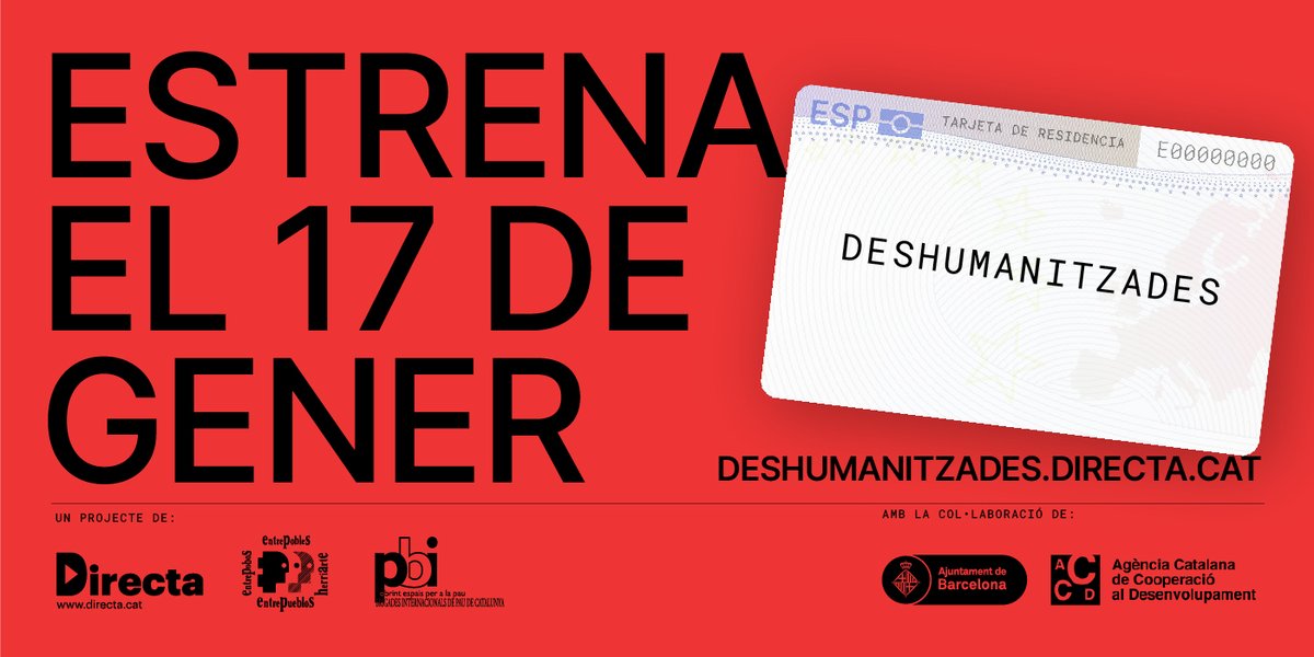 "#Deshumanitzades. Camins migratoris travessats per burocràcia, racisme i patriarcat" s'estrena dimarts 17/01 ▶️ youtu.be/aBw2o75Vmlc (<a href="/La_Directa/">Directa</a>, <a href="/EntrepbsHarte/">Entrepueblos/Entrepobles/Entrepobos/Herriarte</a> i <a href="/PBI_EE/">PBI - Estado Español</a>)

👥 Acte de presentació, amb música, xerrades i menjar, el 25/01 a l'espai <a href="/CoopPeriferia/">Coop. Periferia Cimarronas</a> (19 hores)