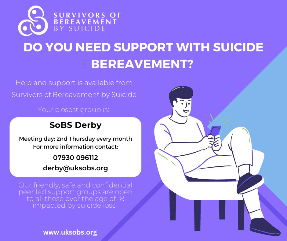 📣 NEW Survivors of Bereavement by Suicide Group in Derby City!

Other support groups in Derbyshire…

👉 Swadlincote - swadlincote@uksobs.org
👉 Chesterfield – chesterfield@uksobs.org
👉 Ilkeston - ilkeston@uksobs.org

#suicidebereavement #mentalhealthderbyshire