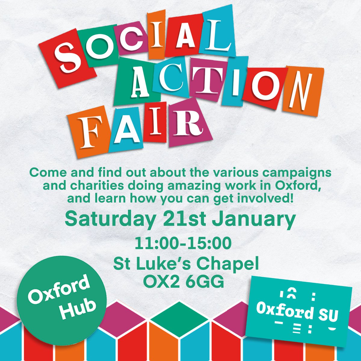 Oxford SU and Oxford Hub are collaborating to put on a Social Action Fair on Saturday 21st January, 11am-3pm at St Luke’s Chapel. Expect to find campaigns, and volunteering opportunities within and beyond the university and more!

Find out more: ow.ly/nE6s50M6Mrj