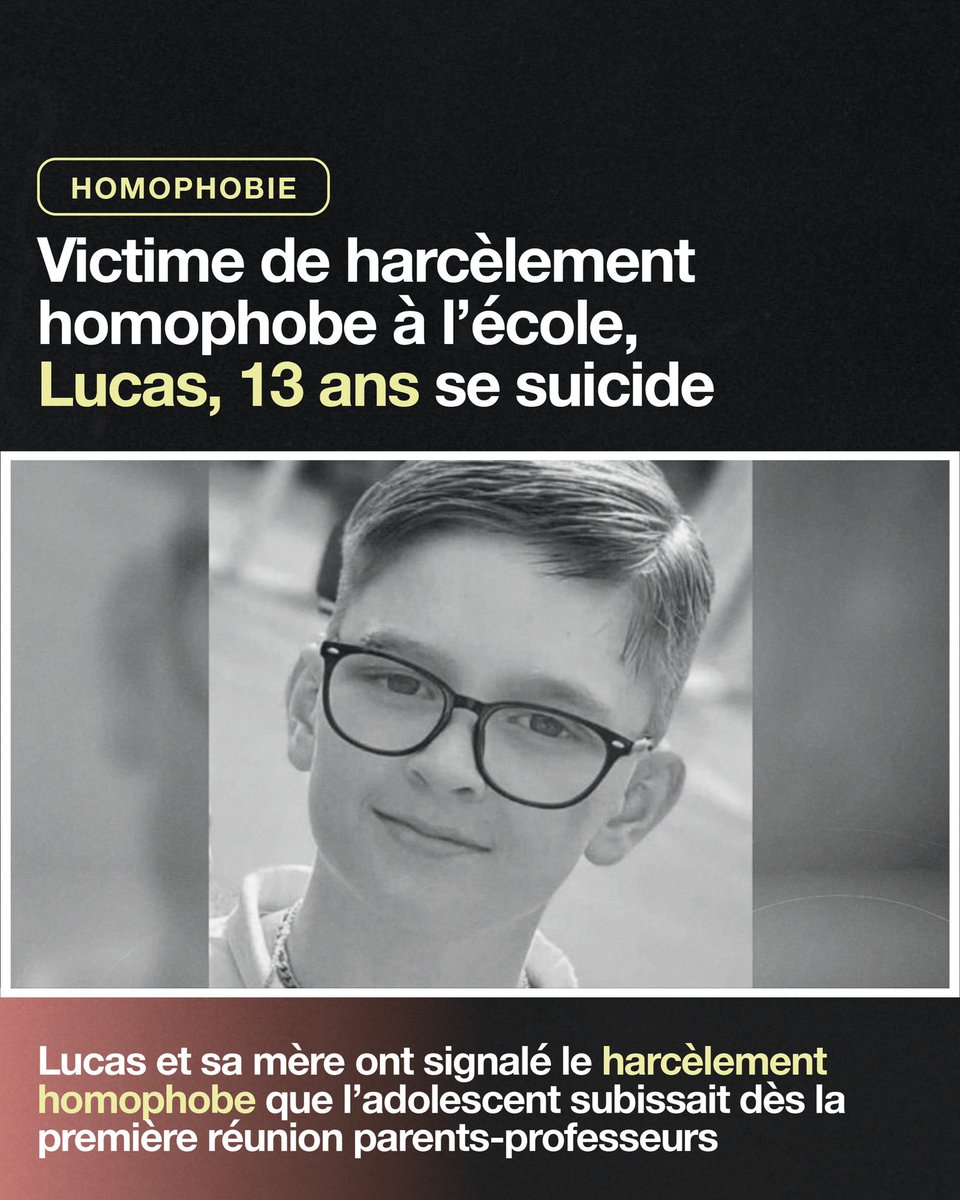 similiqueer_'s tweet photo. Lucas, 13 ans, a mis fin à ses jours le samedi 7 janvier à son domicile, à Golbey, près d’Epinal dans les Vosges. Il était Victime de harcèlement scolaire et d’homophobie dans l'enceinte de son collège. #homophobie #LGBT #EducationNationale #Lucas https://t.co/oj7bMaL1oS