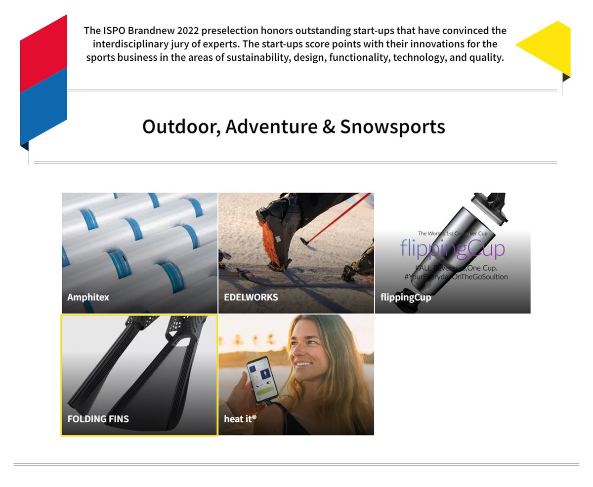 FoldingFins's tweet photo. ISPO Brandnew is the world's largest platform for international start-ups in the sports industry. Since 2000, ISPO has been searching for and identifying the most promising newcomers in the industry.

Folding Fins was nominated in the "Outdoor, Adventure &amp; Snowsports" category. https://t.co/gHmfXokFFJ
