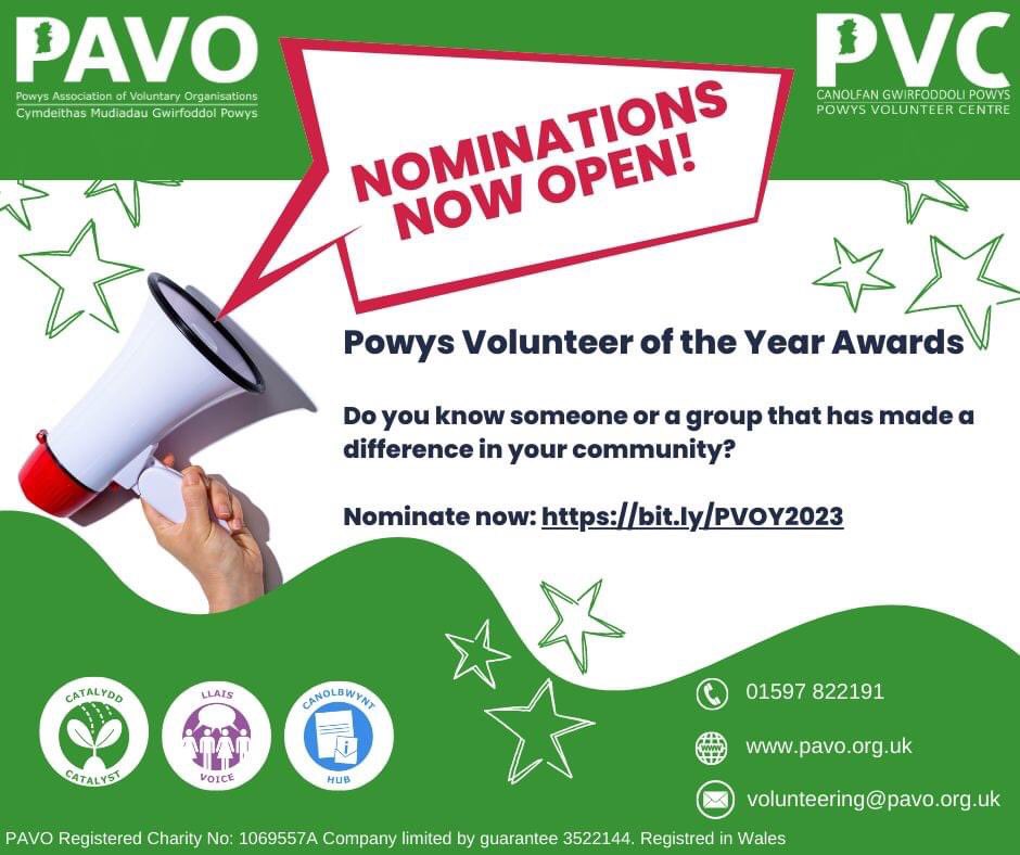 Nominations are now open for the Powys Volunteer of the Year Awards!

If you know someone who has made a difference in your local community, nominate them now! (Deadline for nominations 5th February 2023) 👇

bit.ly/PVOY2023