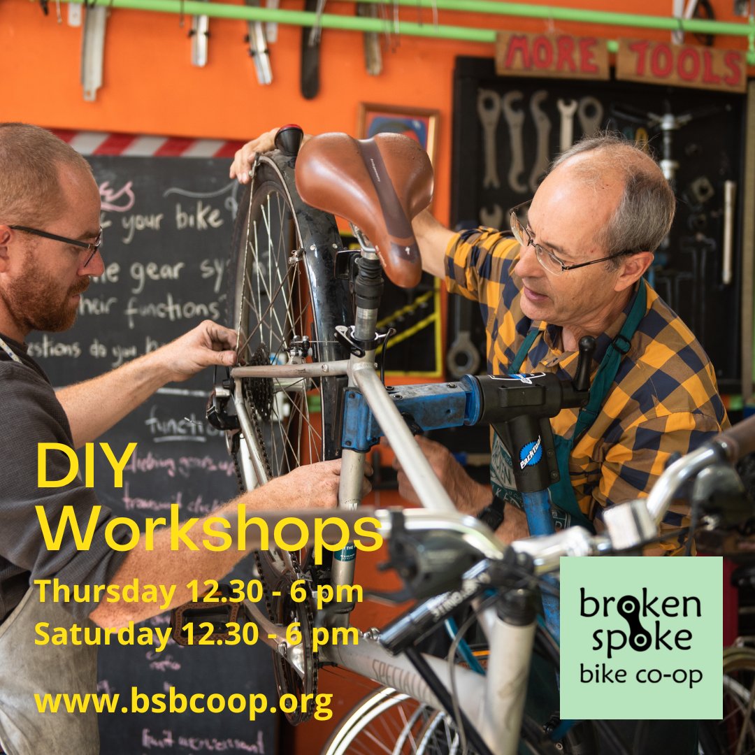 BrokenSpokeCoop's tweet photo. Drop in or book a stand at our DIY workshops Thu &amp; Sat 12.30 - 6 pm. Use of our tools and support from our brilliant mechanics makes for an empowering session of bike fixing for all! ☺🚲  #diybikerepair #bikecoop #diybike #bikefixing #brokenspoke https://t.co/qQ5HqMTAUC https://t.co/Vpy66h8sbW