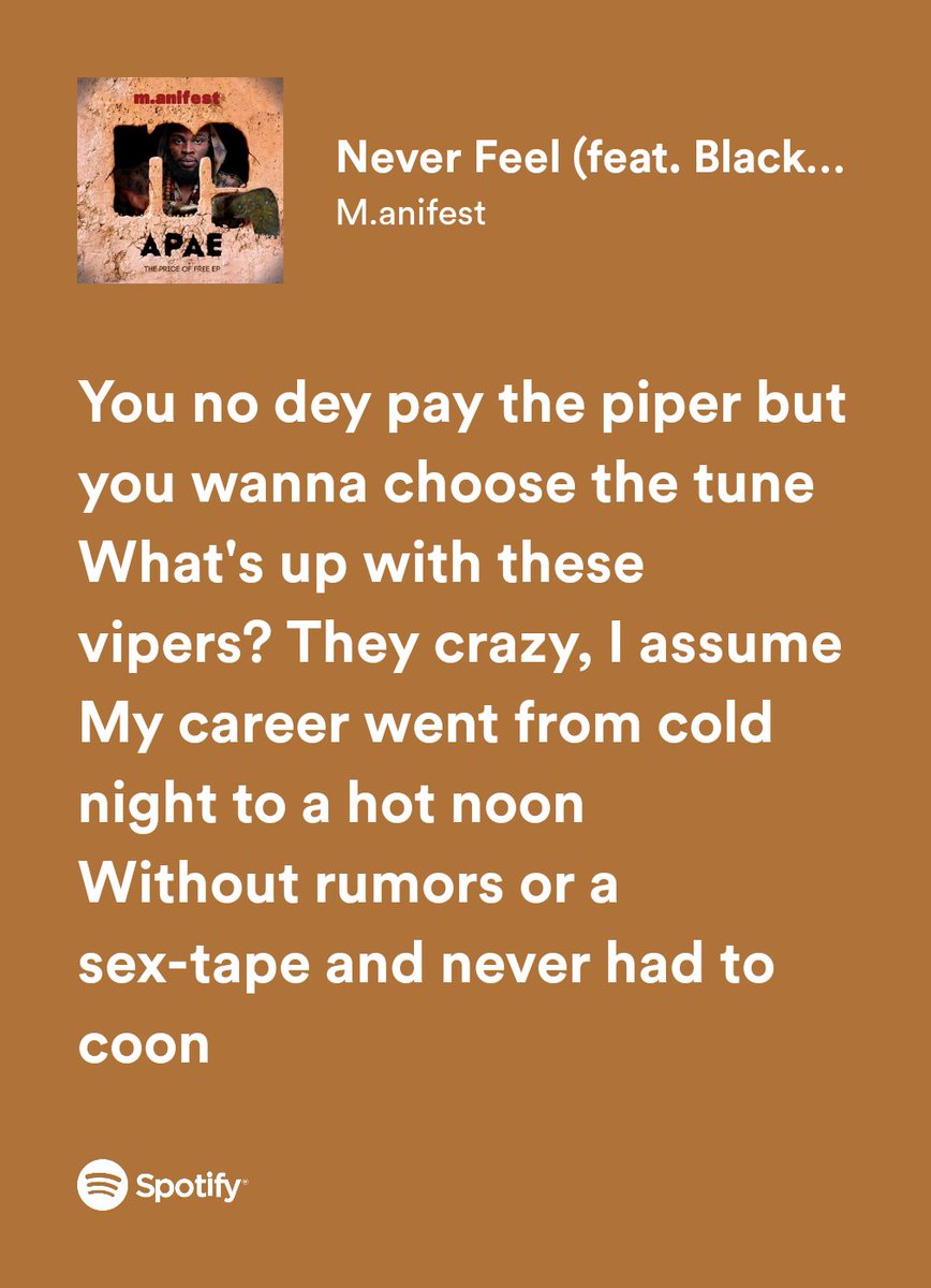nfreduagyeman's tweet image. In #Apae M.anifest stated also addressed the industry he's purposed to venture into. He understood there are vipers all over (cut the grass &amp;amp; let the snakes out) but will to do it clean (no sex tapes)

Never Feel— @iamblackwa &amp;amp; M.anifest 

open.spotify.com/track/6XoLZB9a…