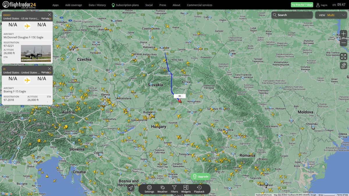 AIYeyENGDdJkjTr's tweet photo. Jan. 12, 2023
Two F-15 take off from Lask Air Base in Poland, and two KC-135R Stratotankers heading to Romania.
#Lask Air Base #Romania
#IDDE01 #AE17B9 F-15E Eagle
#ID #AE17B6 USAF F-15E Eagle
#RAF Mildenhall #Romania
#HOBO20 #AE0480
#HOBO21 #AE04FE USAF KC-135R Stratotanker https://t.co/sLqMBD9ca2