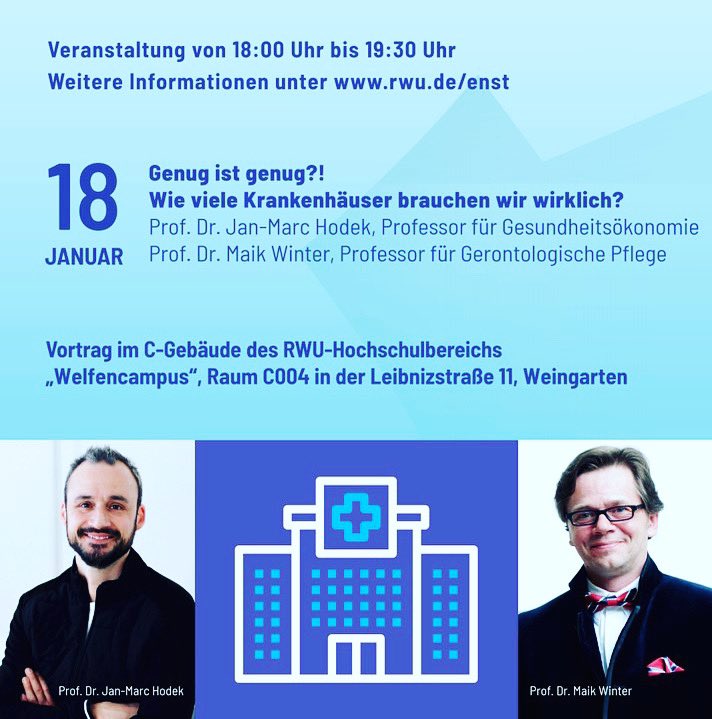 Genug ist genug?! Wie viele Krankenhäuser brauchen wir wirklich?
Ein Streitgespräch zwischen Ökonomie &amp; Versorgungsforschung
 
✅ Wann? Mi. 18.01. ab 18 Uhr
✅ Wo? RWU Weingarten (Raum C004) UND online rwu.de/enst 
 
#gesundheitssystem #krankenhaus #pflege