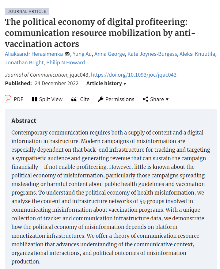 🚨🚨New Research🚨🚨 Just out in Journal of Communication: One of the first academic studies uncovering the economy of digital misinformation networks doi.org/10.1093/joc/jq… Key Q: How do people involved in misinformation campaigns make money? 1/