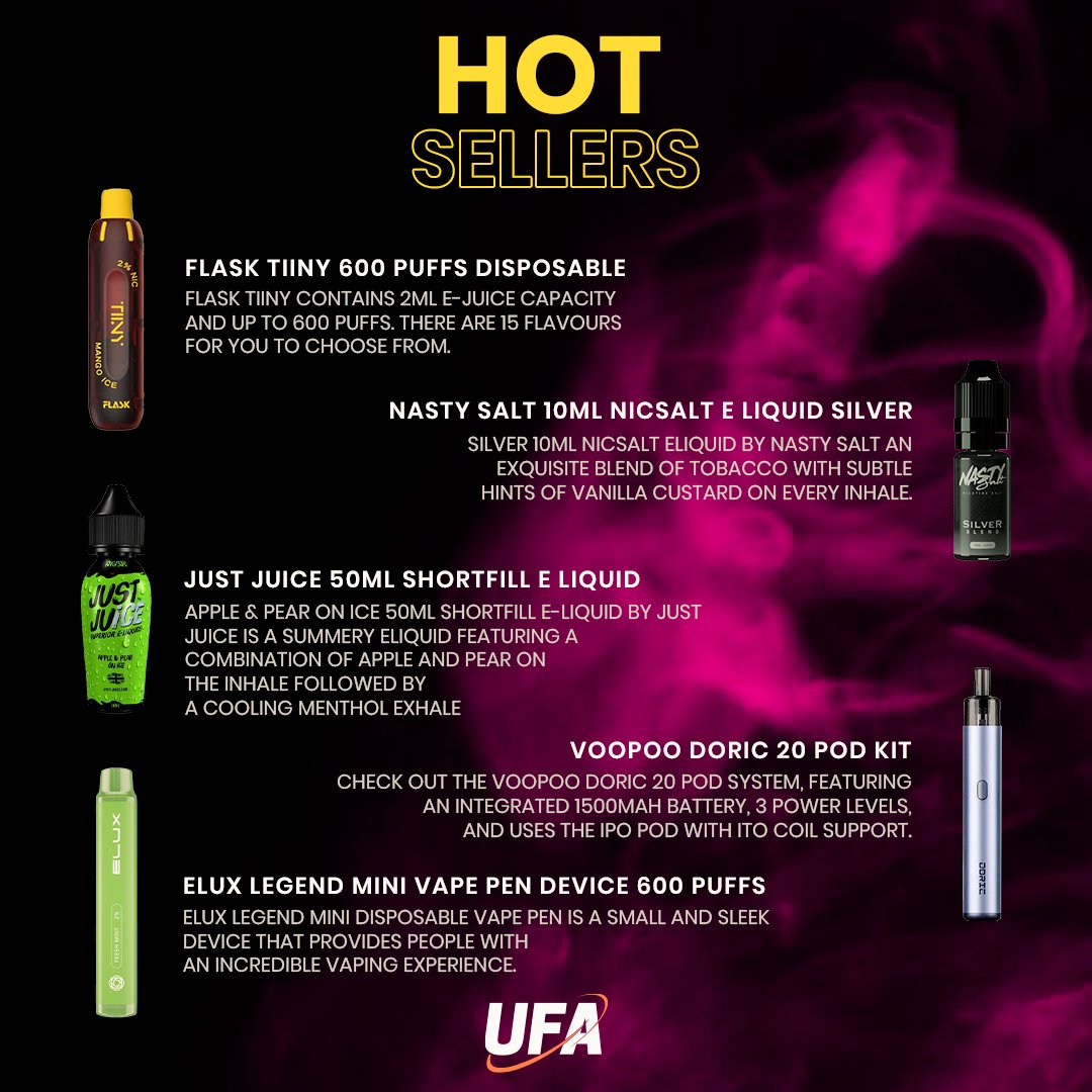 We’ve delivered as promised! 

Our list of the month:
bit.ly/FlaskTiiny600
bit.ly/JustJuice50Ml
bit.ly/EluxLegendMini…
bit.ly/NastSalt10ML
bit.ly/VoopooDoric
.
.
.
#UFAMarketplace #hotseller #FlaskTiiny #JustJuice #EluxLegendMini #nastynicsalt #VoopooDoric #VapeUK