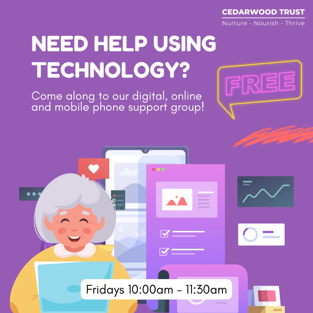 Our DIGITAL INCLUSION group is on tomorrow morning from 10:00am until 11:30am at Cedarwood. It's intended for older people (but anyone is welcome) struggling to get to grips with tech and need some help without the jargon! Come along, it's FREE! #CedarwoodTrust #DigitalSupport