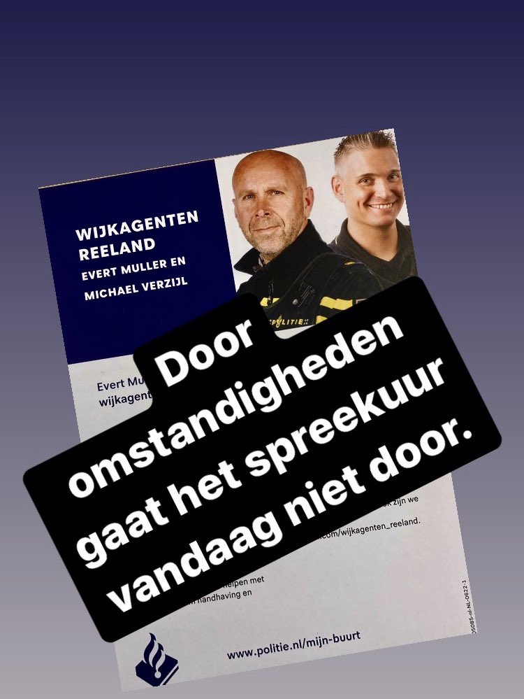 Door de bezetting vanavond, zijn we werkzaam op de noodhulpdienst. Helaas kan het spreekuur niet doorgaan.
#KoffieMetEenCop #WijkagentenSpreekuur #Reeland