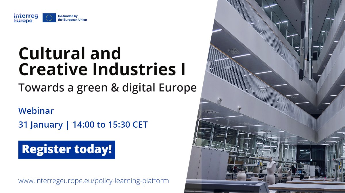 We’re excited to invite you to episode 1️⃣ of our Cultural and Creative Industries series!

Join us to discuss their important role in the #transition towards a #smart and #green economy and how we can help them 💚

Register now: bit.ly/3Z7fXqR 🚀