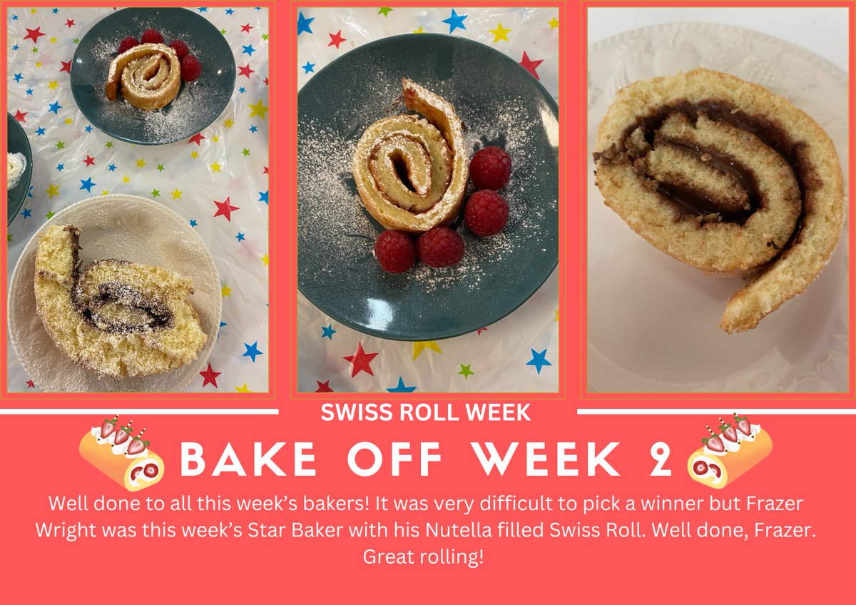 StEdmundsSCH's tweet photo. Enrichment - Bake Off
Well done to all this week’s bakers! It was very difficult to pick a winner but Frazer Wright was this week’s Star Baker with his Nutella filled Swiss Roll. Well done, Frazer. Great rolling!
#teamsteds #bakeoff #enrichment #doverschools #kcsp https://t.co/FOUDVab9wl
