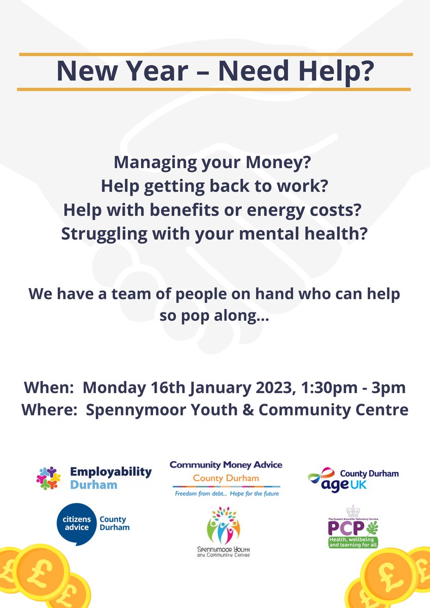 PioneeringCare's tweet photo. Our Pop Up! Community Hub team will be at this event, offering you the opportunity to meet leading organisations for advice on money management, employment, energy costs and mental health ✔️

📅 Monday 16th January, 1.30pm - 3pm
📍 Spennymoor Youth &amp; Community Centre https://t.co/D7lNH0SJ1v