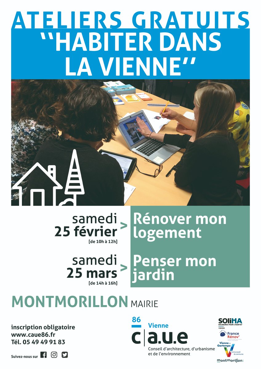 caue_86's tweet image. 📣Qui dit nouvelle année, dit aussi🆕cycle d'ateliers "Habiter dans la Vienne"🏡à #Montmorillon #SudViennePoitou
Service gratuit pr les habitants ayant un projet #habitat ou juste en réflexion🤔
ℹ️bit.ly/3CBa9w2
@departement86 @ccvg86 @Montmorillon_ @NR_Montmorillon