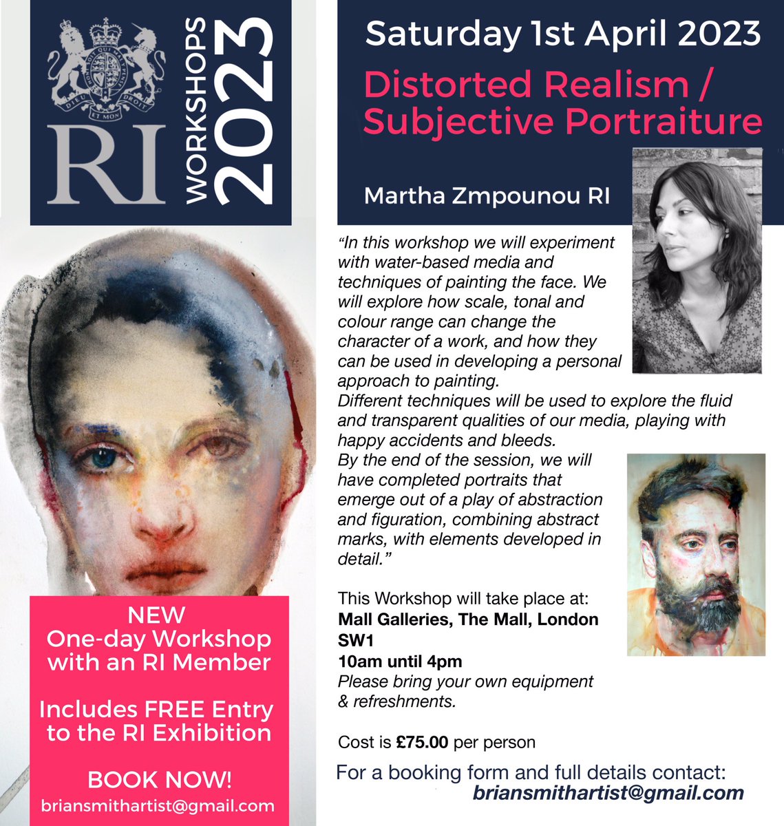 1 April 2023, ‘Distorted Realism / Subjective Portraiture’, one of 4 new watercolour workshops during our 2023 exhibition... Includes Free entry to the RI exhibition. For full details contact briansmithartist@gmail.com