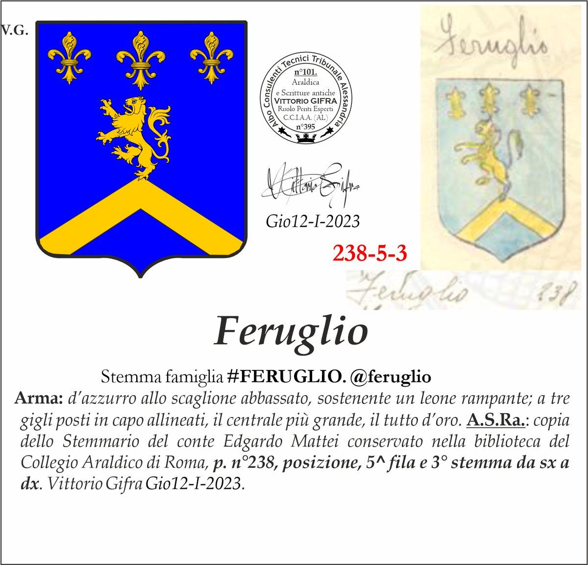 VGIFRA's tweet photo. Stemma famiglia #FERUGLIO. @feruglio
A.S.Ra.: copia dello Stemmario del conte Edgardo Mattei conservato nella biblioteca del Collegio Araldico di Roma, p. n°238, posizione, 5^ fila e 3° stemma da sx a dx. Vittorio Gifra Gio12-I-2023. https://t.co/VtHJbOuorv