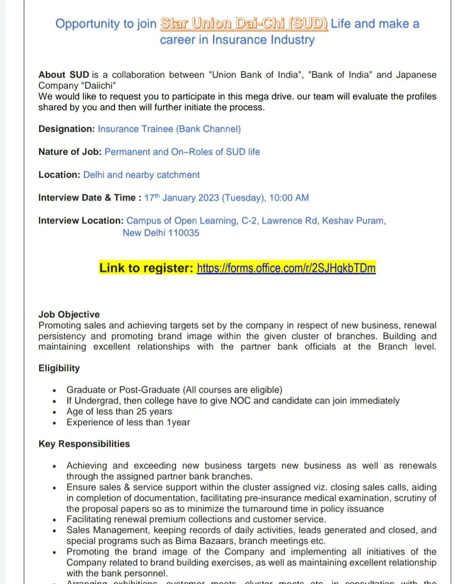 DUSOLOfficial's tweet photo. Placement Cell: Opportunity to join Star Union Dai-Chi (SUD) Life and make a career in Insurance Industry
@SOL_UnivofDelhi
Visit: https://t.co/mx0DC7mlj1
#placementcell #graduate #postgraduate #SolStudents #joboffer #starunion #insurance #industry https://t.co/hYmCamCwxQ