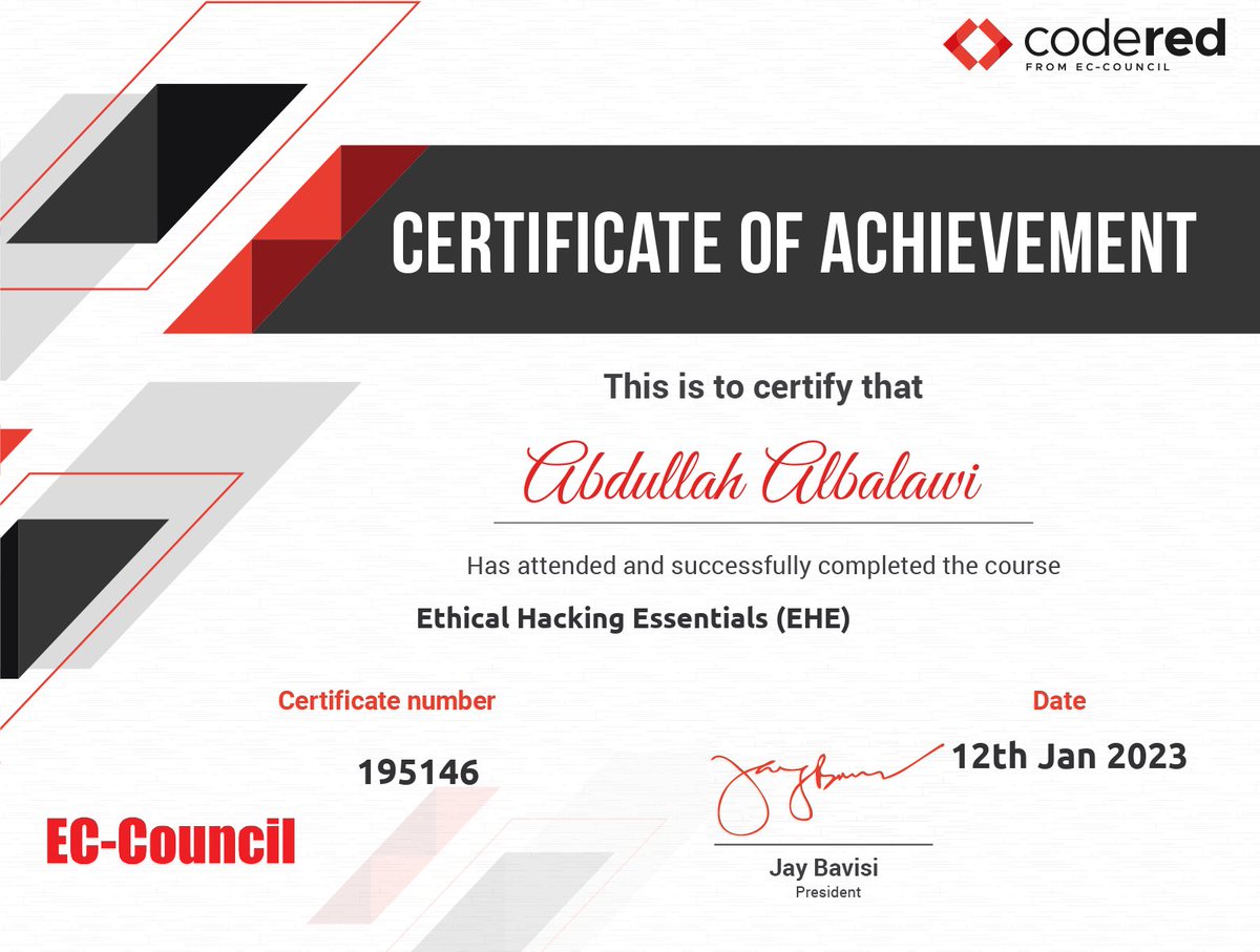 AB (@ta2p5) on Twitter photo I’m exited by finishing Ethical Hacking Essentials (EHE). and looking forward for the next course.😍
الحمدلله حققت شهادة ضروريات الهكر الأخلاقي ومستعد ان شاء الله الله للقادم😍
#ethicalhacking
#2030ispossible
<a href="/ECCOUNCIL/">EC-COUNCIL</a> I’m exited by finishing Ethical Hacking Essentials (EHE). and looking forward for the next course.😍
الحمدلله حققت شهادة ضروريات الهكر الأخلاقي ومستعد ان شاء الله الله للقادم😍
#ethicalhacking
#2030ispossible
<a href="/ECCOUNCIL/">EC-COUNCIL</a>
