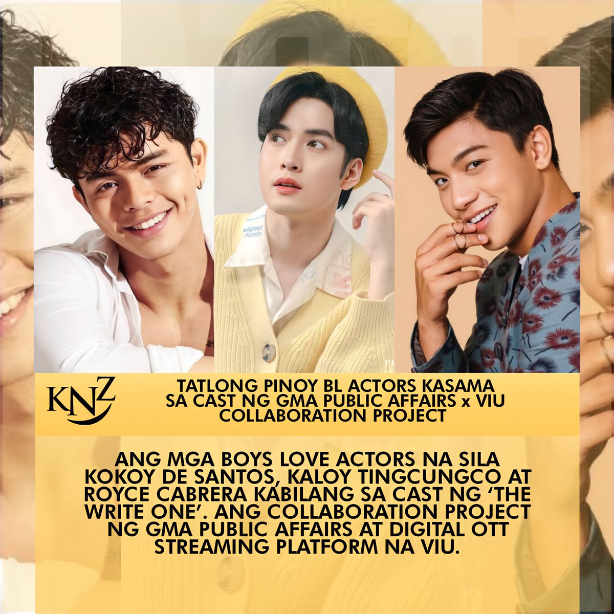 KapusoNetizen's tweet photo. Look! Mga Pinoy BL Actors na sila Kokoy De Santos Kaloy Tingcungco at Royce Cabrera kabilang sa cast ng GMA Public Affairs x Viu na ‘The Write One’
#TheWriteOneViu https://t.co/RTHmlrOqBm
