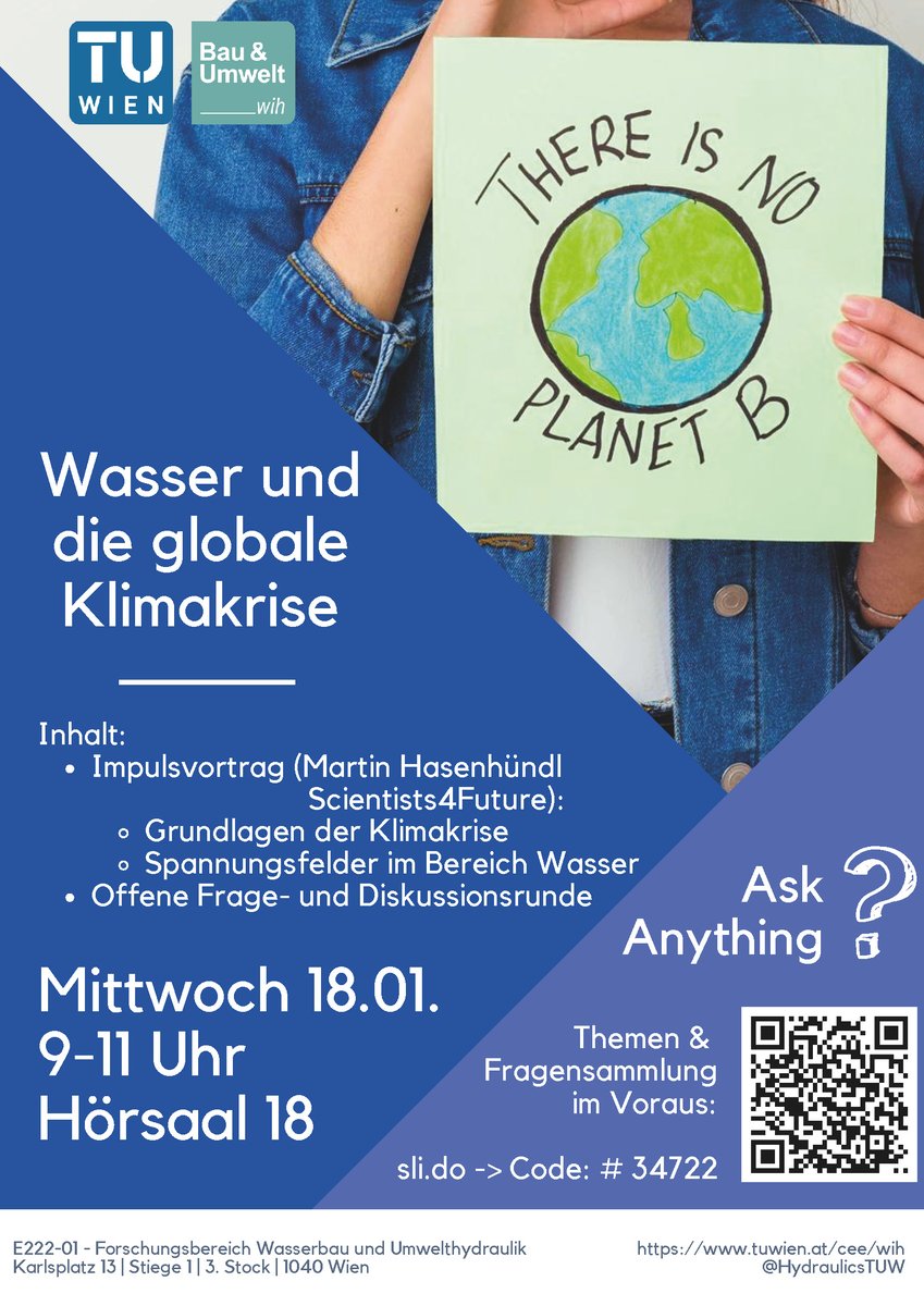 Als Semesterabschluss hält @MartinHasenh kommenden Mittwoch, 18.01., 9-11 Uhr im HS 18 eine Einheit mit Diskussion zu "Wasser und die globale Klimakrise"! 🌍🌊
Es sind alle eingeladen, vorbei zu kommen und mitzudiskutieren! 🧑‍🏫👩‍🏫
<a href="/tu_wien/">TU Wien</a> <a href="/S4F_Wien/">Scientists4Future Wien</a> <a href="/TUGreenTeam/">TU Green Team</a>