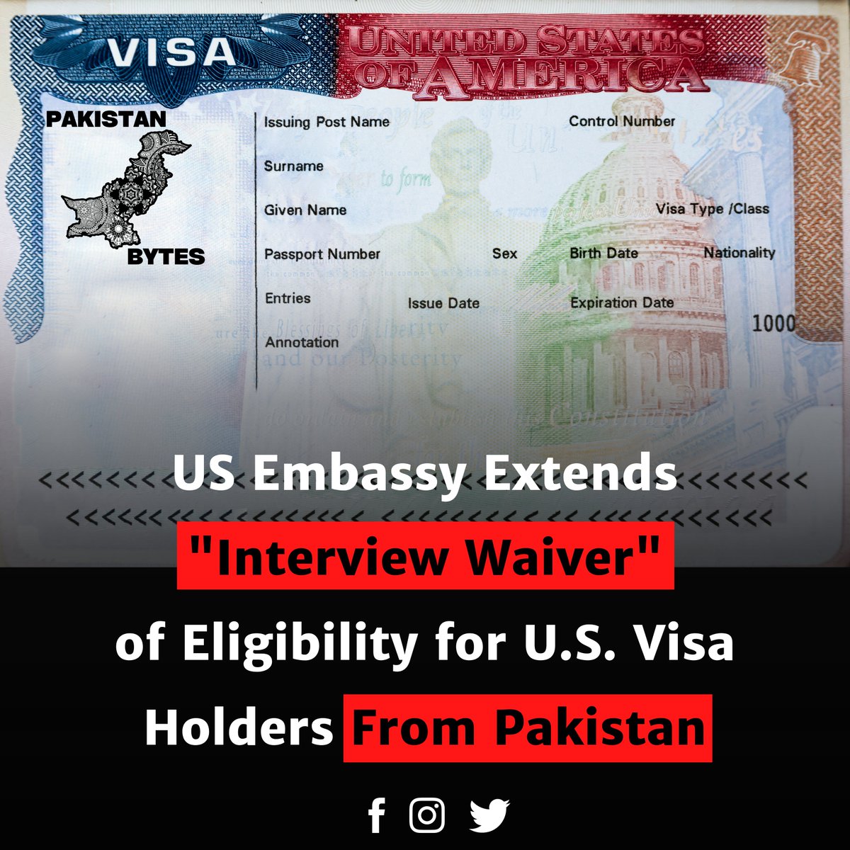 The US Mission in Pakistan announced the expansion of interview waiver eligibility at the U.S. Embassy in Islamabad and the U.S. Consulate General in Karachi for Pakistani citizens who are renewing B1/B2 tourist and business visas. 

#Pakistan #usa #USEmbassyISB #pakistanbytes