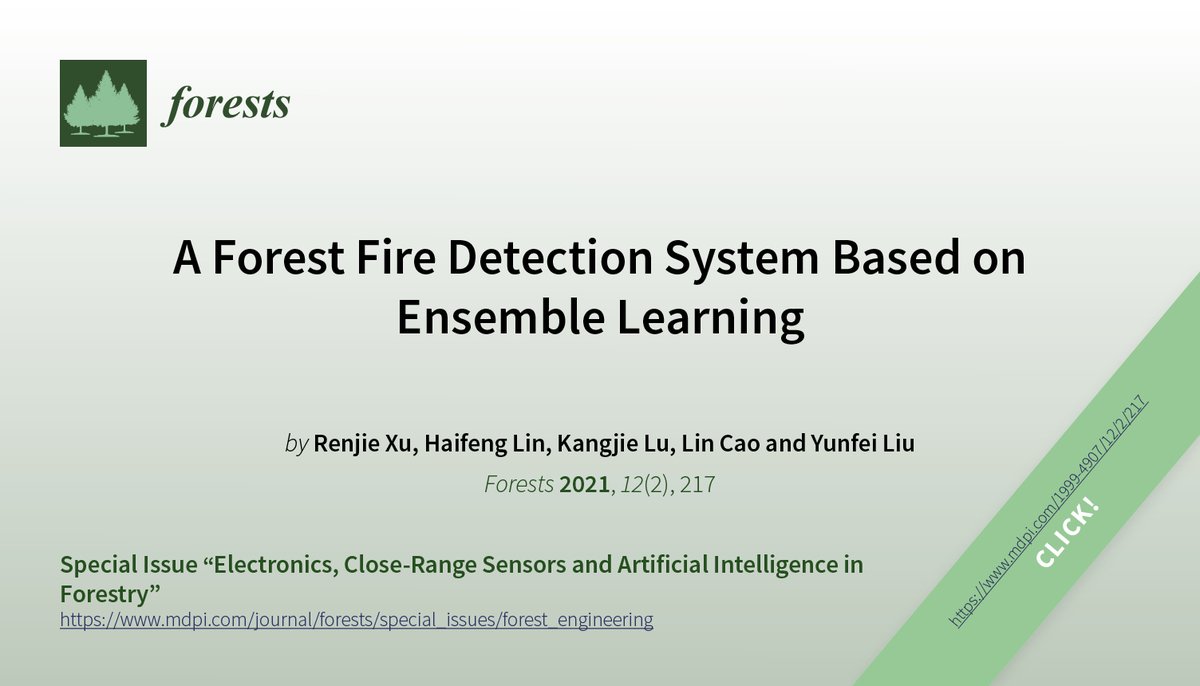 Forests_MDPI's tweet photo. 📖 Daily Paper
🌲#ForestsHighlyAccessedPapers "A Forest Fire Detection System Based on Ensemble Learning", by Renjie Xu et al. 🎉
👀 Read more here👉
https://t.co/Bkn1YpvFnt
🔥 #forestfiredetection #deeplearning #ensemblelearning #Yolov5 #EfficientDet #EfficientNet https://t.co/m53ZCcjZOs