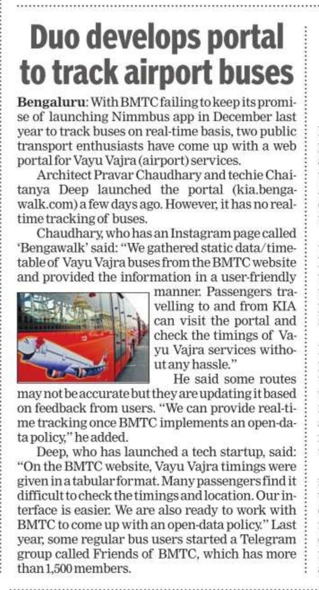 ChristinMP_'s tweet photo. With @BMTC_BENGALURU failing to keep its promise of launching #Nimmbus app in December last year to track buses on real-time basis, two public transport enthusiasts: @bengawalk & @seadeep24 have come up with a web portal (https://t.co/31XpABfXUd) for Vayu Vajra (airport) services https://t.co/OX9akgCYyt