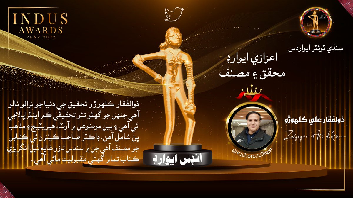 IndusAwards's tweet photo. ذوالفقار علي ڪلهوڙو کي سندس تحقيق ۽ تصنيف عيوض مڃتا طور هي اعزازي ايوارڊ ڏجي ٿو.
@Kalhorozulfiqar
#IndusAwards https://t.co/JGEJ74JCC4