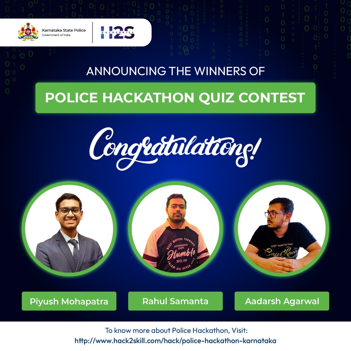 hack2skill's tweet photo. Cheers to your winning spirit!

After a 4-day long '#PoliceHackathon' quiz #contest, we are here to announce our top 3 participants.

Congratulations 💯
@aadarsh_073 
@PiyushMohapat19
@RahulSa05948575

#PoliceHackathon #KarnatakaStatePolice #statepolice #hack2skill @kspfactcheck https://t.co/ASk8LtQYfR