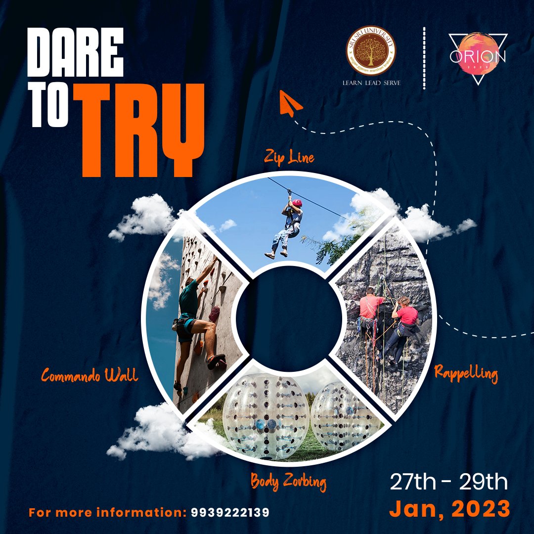 Team Orion brings you a new dimension of adventure, Dare2try. 
We present four electrifying adventure sports Zip line, Body zorbing, Rappelling and commando wall. 

For more information contact - 9939222139

#fest #adventure #humaraorion