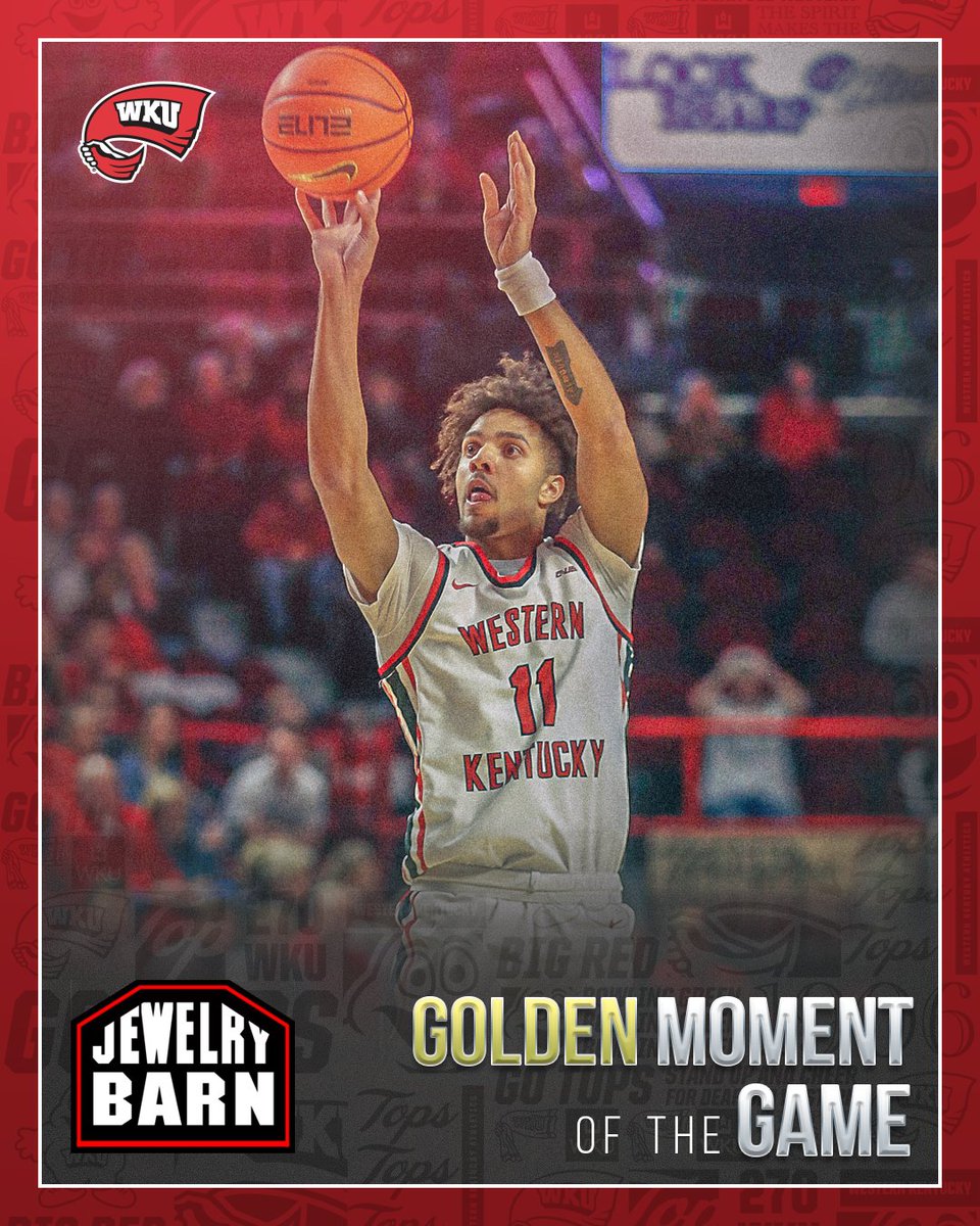 WKUBasketball's tweet photo. 𝒢𝑜𝓁𝒹𝑒𝓃 𝑀𝑜𝓂𝑒𝓃𝓉 𝑜𝒻 𝓉𝒽𝑒 𝒢𝒶𝓂𝑒

@dontaieallen11 took one shot all night and he made it a good one. 

#GoTops | @JewelryBarnBG https://t.co/bjYFIpIkww