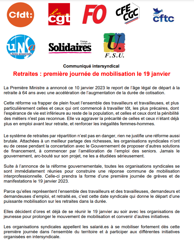 FepCFDT's tweet photo. [COMMUNIQUE DE PRESSE INTERSYNDICAL] #RéformeDesRetraites Suite à l'annonce du gouvernement, les organisations syndicales dont la #CFDT appellent à la mobilisation le 19 janvier ! #64anscestnon #metstesbasketspourlaretraite #greve19janvier @cafepedagogique
@AEFeduc @ToutEduc https://t.co/rRneAcWZjF