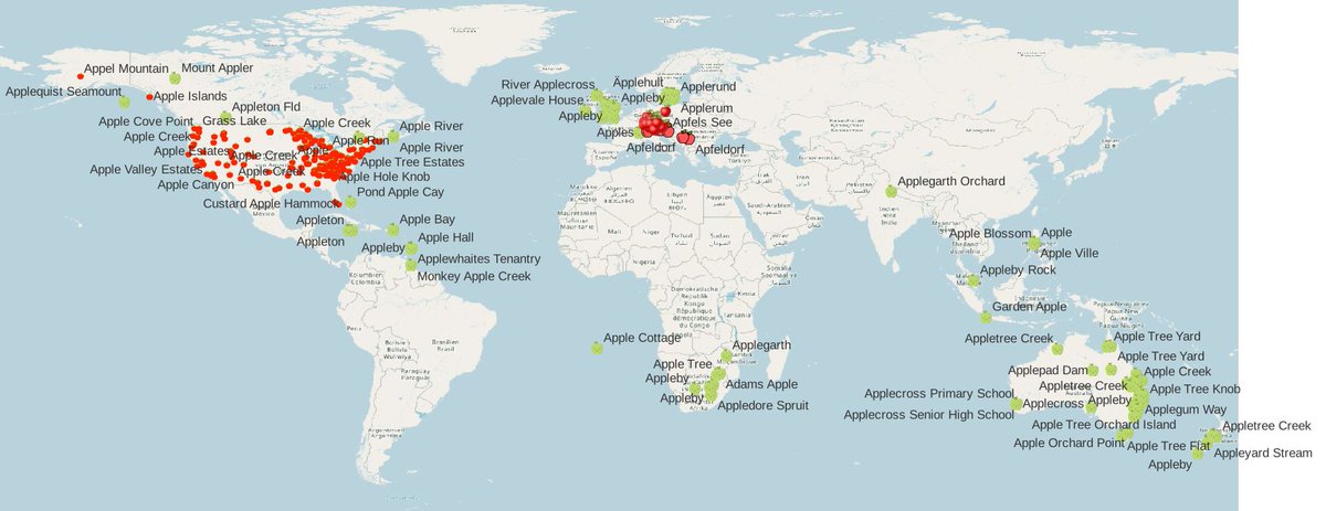 seandebasti's tweet image. Weltweite Ortsnamen beginnend mit Apfel* [43] + Apple* [372] #TagdesApfels #apfel #apple #applemap #openstreetmap #QGIS #geonames