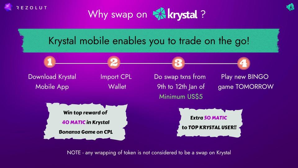 cpl_crypto's tweet photo. ⏳Last day to qualify today⏳
🎯Big game starts tomorrow🎯
💜Rewards 450+50 MATIC💜

Steps to qualify:
1 Download Krystal app
2 Import CPL wallet in it
3 Do a swap on the go

🫵Don't wait, Act now🫵

Steps explained:
https://t.co/XnNKd4hcoX

#PlayToEarn #BSC #Polygon #Klaytn https://t.co/ZvnPkmn06N