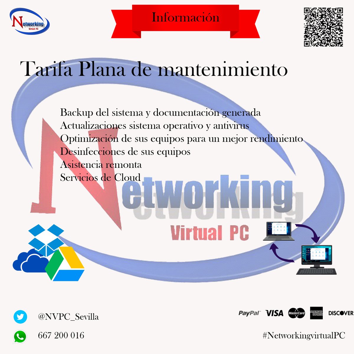NVPC_Sevilla's tweet photo. Recuerda algunas de las modalidades que ofrecemos en #NetworkingvirtualPC, para su #empresa @PymesUnidasEs, no te lleves sorpresa con sus facturas no dudéis en contactar con nosotros mediante la #web https://t.co/4nPZneDhMj #FelizJueves https://t.co/8HxCnp0MRp