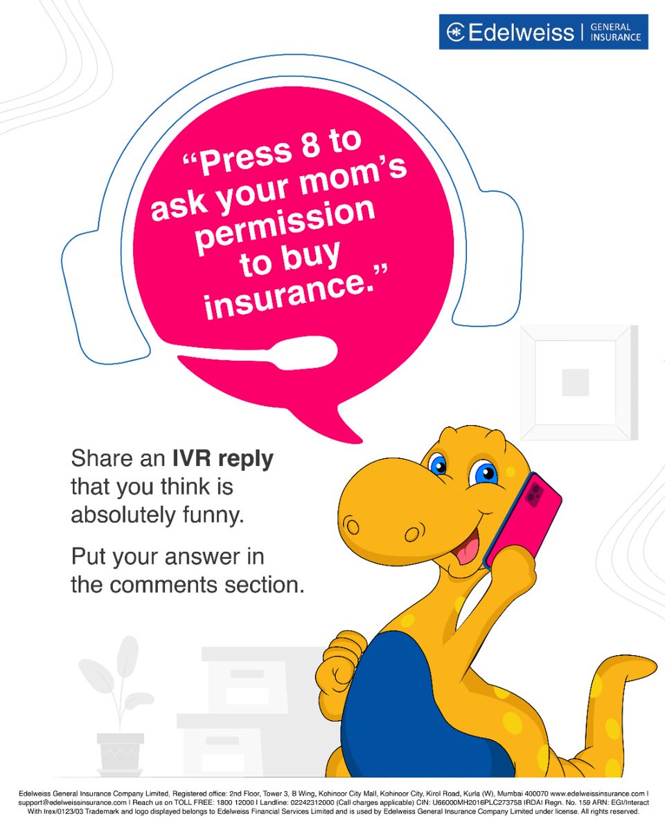 hi_zuno's tweet photo. Only if all IVRs were this interesting, we would hang on the call for hours.
Can you come up with a funnier IVR? Share yours in the comments section and let the fun begin.
#GeneralInsurance #EGI #EdelweissGeneralInsurance https://t.co/gVBO2xpNcq