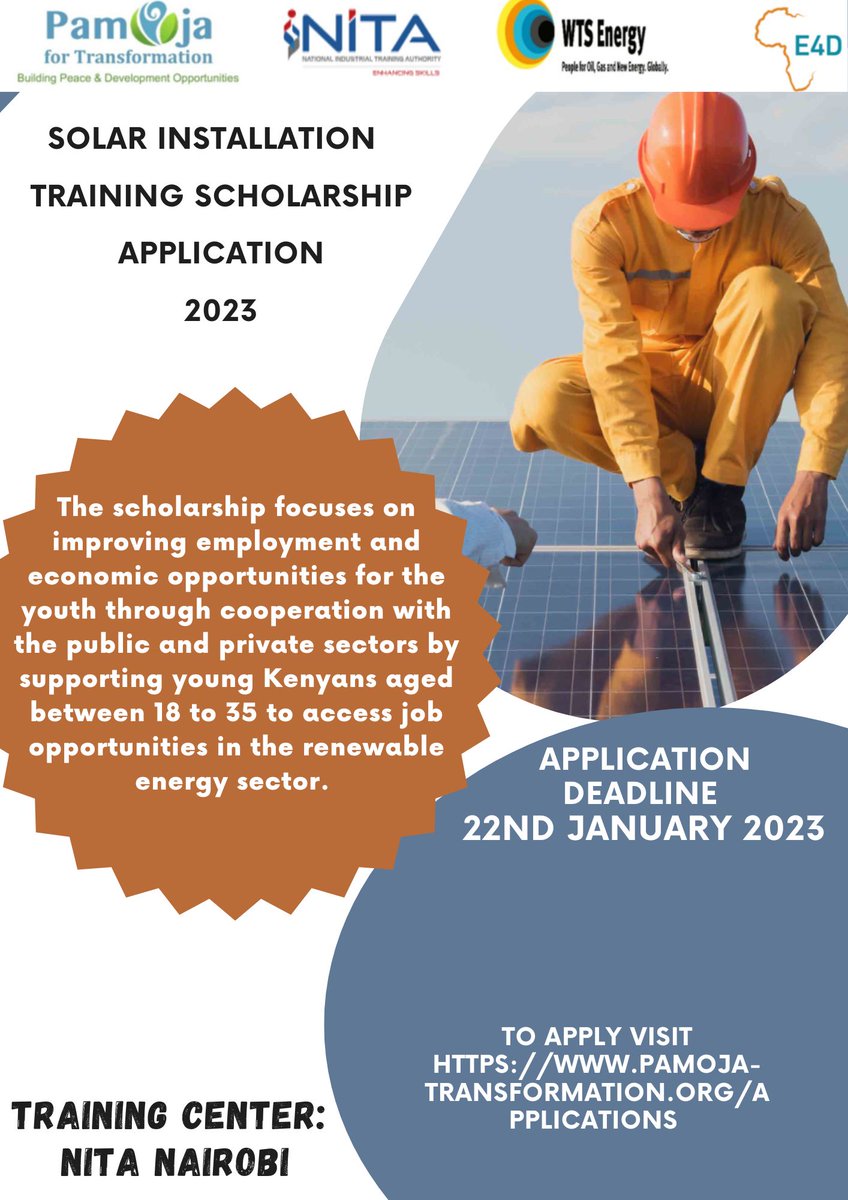 PamojaFT's tweet photo. We are inviting applications for the solar installation training  scholarship program. The applicant should be between the ages of 18 and 35 years old. More details and the application form are available at the following link:
 https://t.co/SxsB5cPTHL. https://t.co/VUeCDgnvee