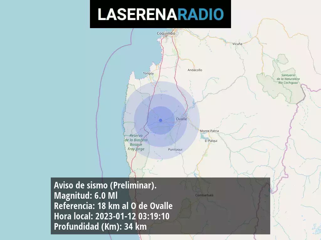 LaSerenaRadio's tweet photo. 🔹 Aviso de sismo (Preliminar). Magnitud: 6.0 Ml | Referencia: 18 km al O de Ovalle | Hora local: 2023-01-12 03:19:10 | Latitud: -30.613 | Longitud: -71.386 | Profundidad [Km]: 34 km. https://t.co/jakrRHk5yN #Sismo #Temblor https://t.co/I0R5i0wPiK