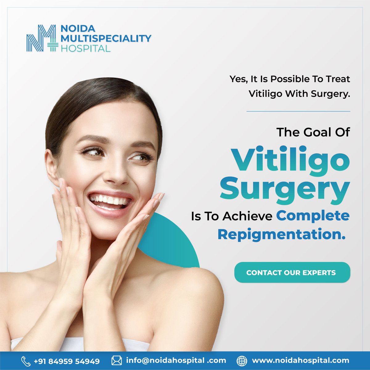 Your vitiligo is #curable.

Don't worry! With a team of #experts, we offer #cuttingedge and #wellequipped Vitiligo procedures. 

For excellent #vitiligo #surgery #advice get in touch with us: at +91-8495954949

#noidamultispecialityhospital #hospitalinNoida #dermatology #skincare