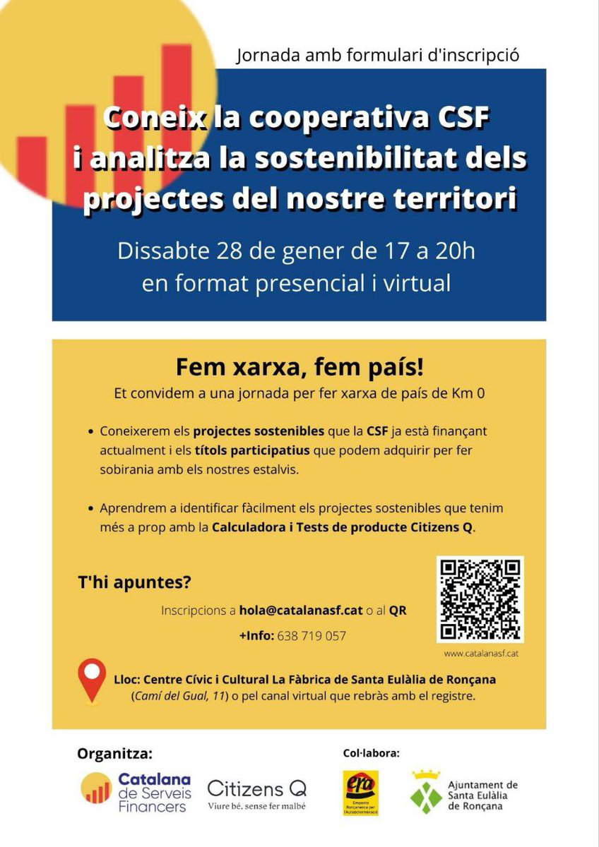 CatalanasfCat's tweet photo. Nova sessió: 

Vine a fer Xarxa de País ‼️⭐‼️
per invertir 💰en els projectes més sostenibles 🌱 del nostre territori.  

🗓 Dissabte 28 de gener 2023
📍 La Fàbrica- Santa Eulàlia de Ronçana
 🖥 O pel canal virtual 
 🕔 17:00
 🕗 20:00 https://t.co/8Ucfp4J76Y