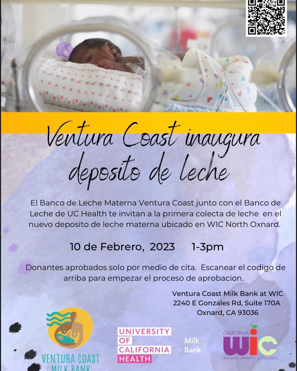 BreastfeedVC's tweet photo. ¡Noticias súper emocionantes!

¡La apertura oficial del Depósito del Banco de Leche de la Costa de Ventura en WIC es el 10 de febrero!

Tenga en cuenta que solo los donantes preseleccionados y prerregistrados con una cita pueden llevar su leche humana donada al depósito de leche. https://t.co/JyYQUEiDAb