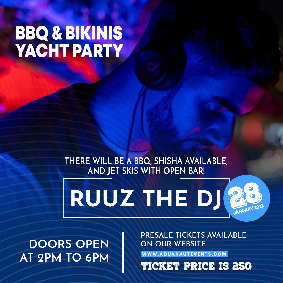 RUUZ THE DJ & Friends are throwing a yacht party in the water. Join us at Hudayriat Marina for the best BBQ and entertainment on the water. Come join us! 

#aquanautevents #foodlovers #yachting #yachtinglife #exploretheislands #summeringreece #bbqonboard #yachtexperience #DJ