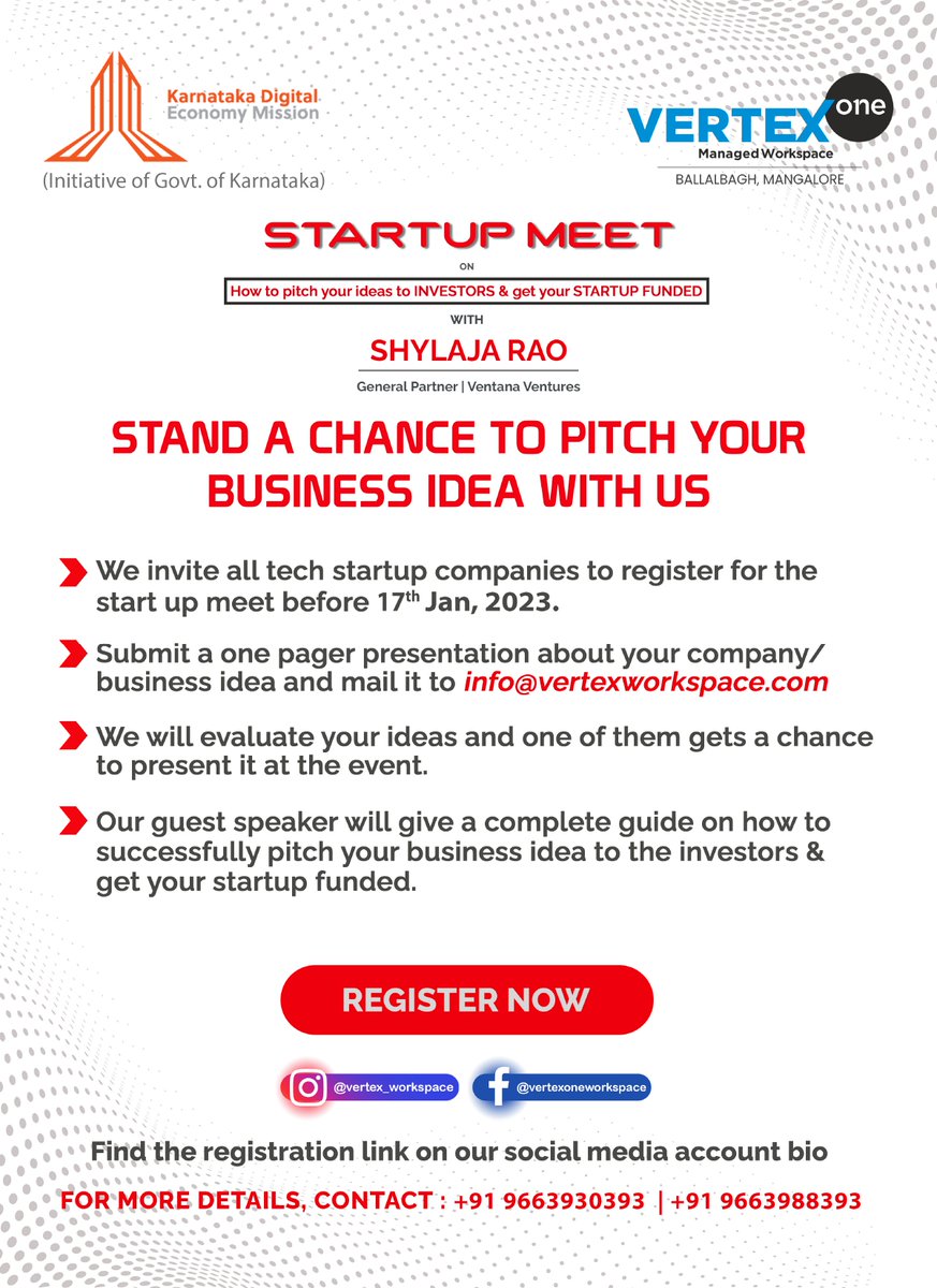 KDEM &amp; <a href="/vertex_work/">Vertex Managed Workspace</a>  presenting StartUp Meet with Shylaja Rao, General Partner, Ventana Ventures- Mangalore's first venture capitalists.

Register Now: lnkd.in/g8RNK2Qy 
(Entry against invites only!)

Jan20,2023 | Friday | At 4:00pm | VertexOne Managed Workspace, Mangaluru